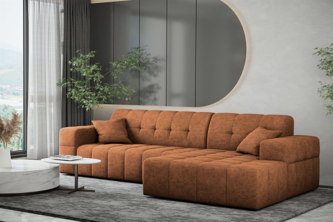 Ecksofa Designersofa NANCY in Stoff Perfekt Harmony Caramel Ottomane Rechts von Fun Möbel