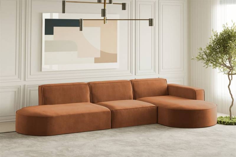 Ecksofa Designersofa PALMA in Stoff Noel Ziegelrot Ottomane Rechts von Fun Moebel