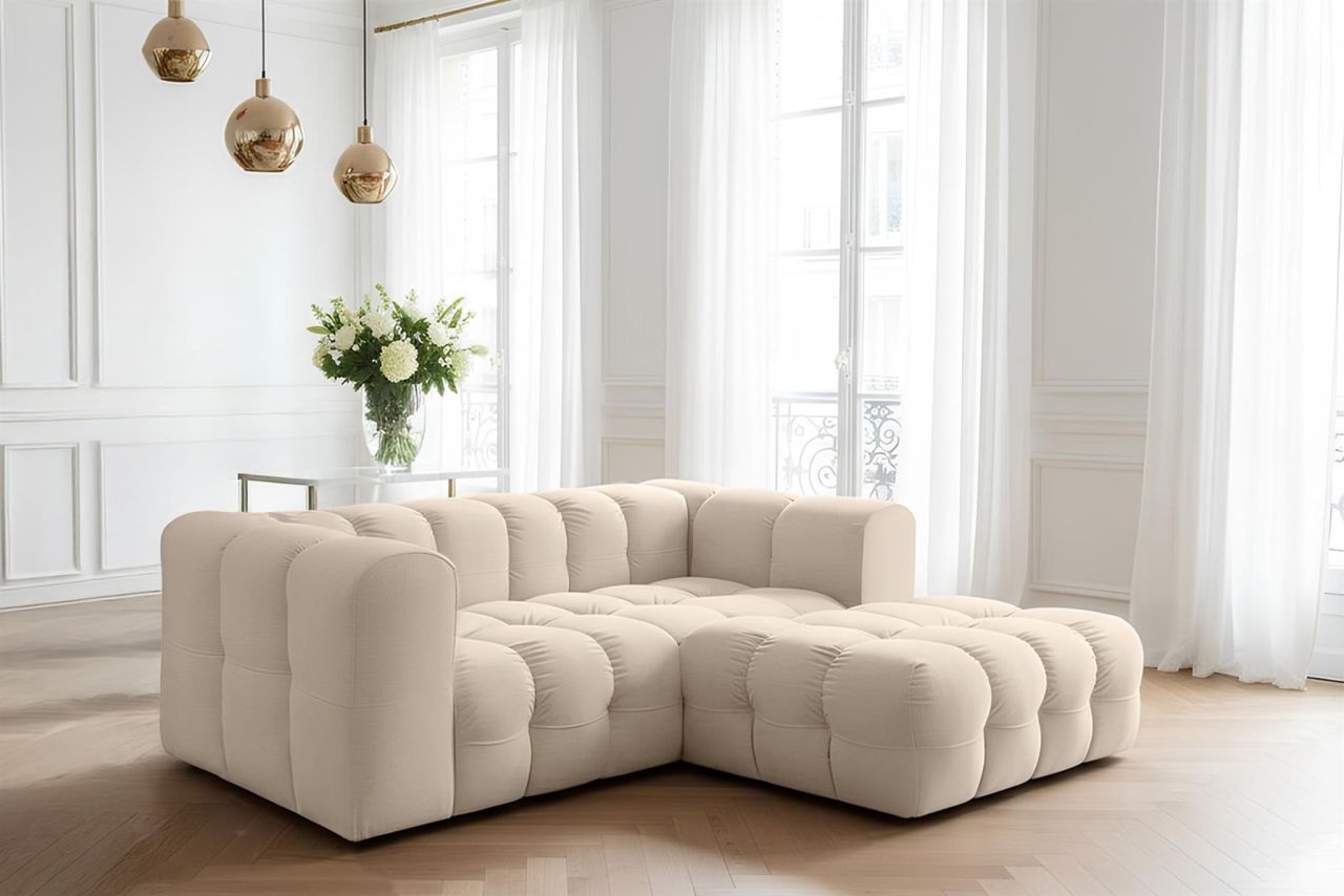 Ecksofa Designersofa SOLVIE XS in Stoff Tiffani Beige Ottomane Rechts Ecksofa Designersofa SOLVIE XS in Stoff Tiffani Beige Ottomane Rechts von Fun Möbel