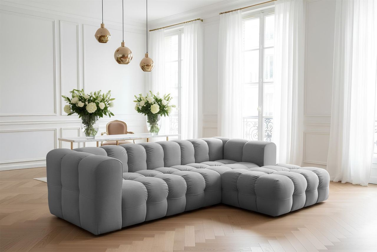 Ecksofa Designersofa SOLVIE in Stoff Tiffani Grau Ottomane Rechts Ecksofa Designersofa SOLVIE in Stoff Tiffani Grau Ottomane Rechts von Fun Möbel