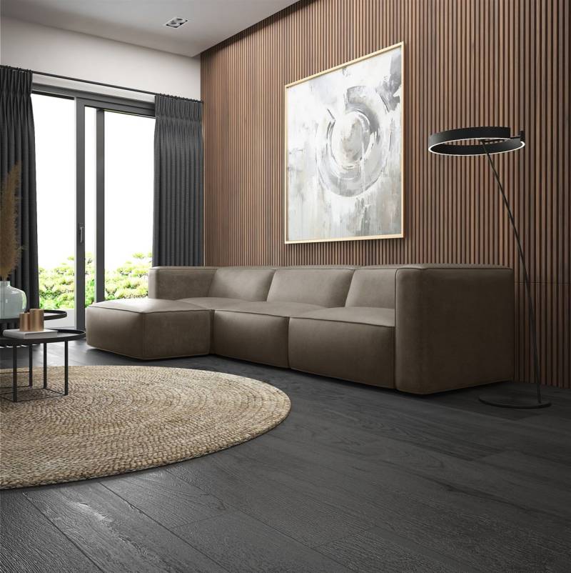 Ecksofa Designersofa Sofa HELMER in Stoff Pola Braun Ottomane Links von Fun Möbel