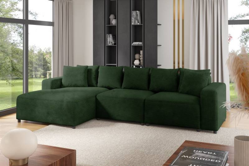 Ecksofa Designersofa Sofa MEGAN in Stoff Poso Dunkelgrün Ottomane Links von Fun Möbel