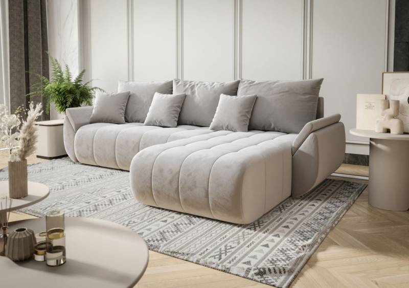 Ecksofa Schlafsofa AKITA Stoff Monolith Hellgrau Ottomane Rechts von Fun Möbel