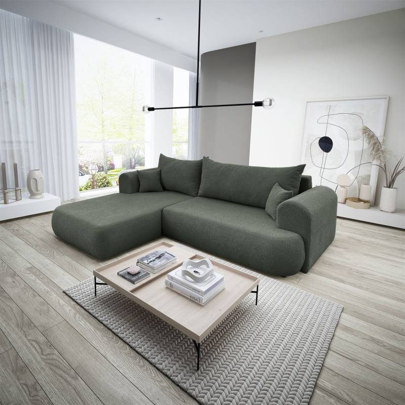 Ecksofa Schlafsofa ANIKE Stoff Now or Never Grüngrau Ottomane Links von Fun Möbel