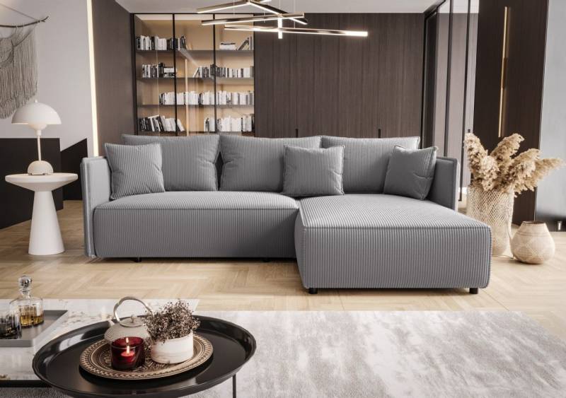Ecksofa Schlafsofa EVORA Stoff Poso Blaugrau Ottomane Rechts von Fun Möbel