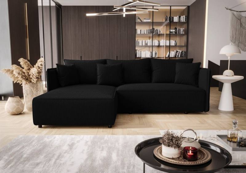Ecksofa Schlafsofa EVORA Stoff Poso Schwarz Ottomane Links von Fun Möbel