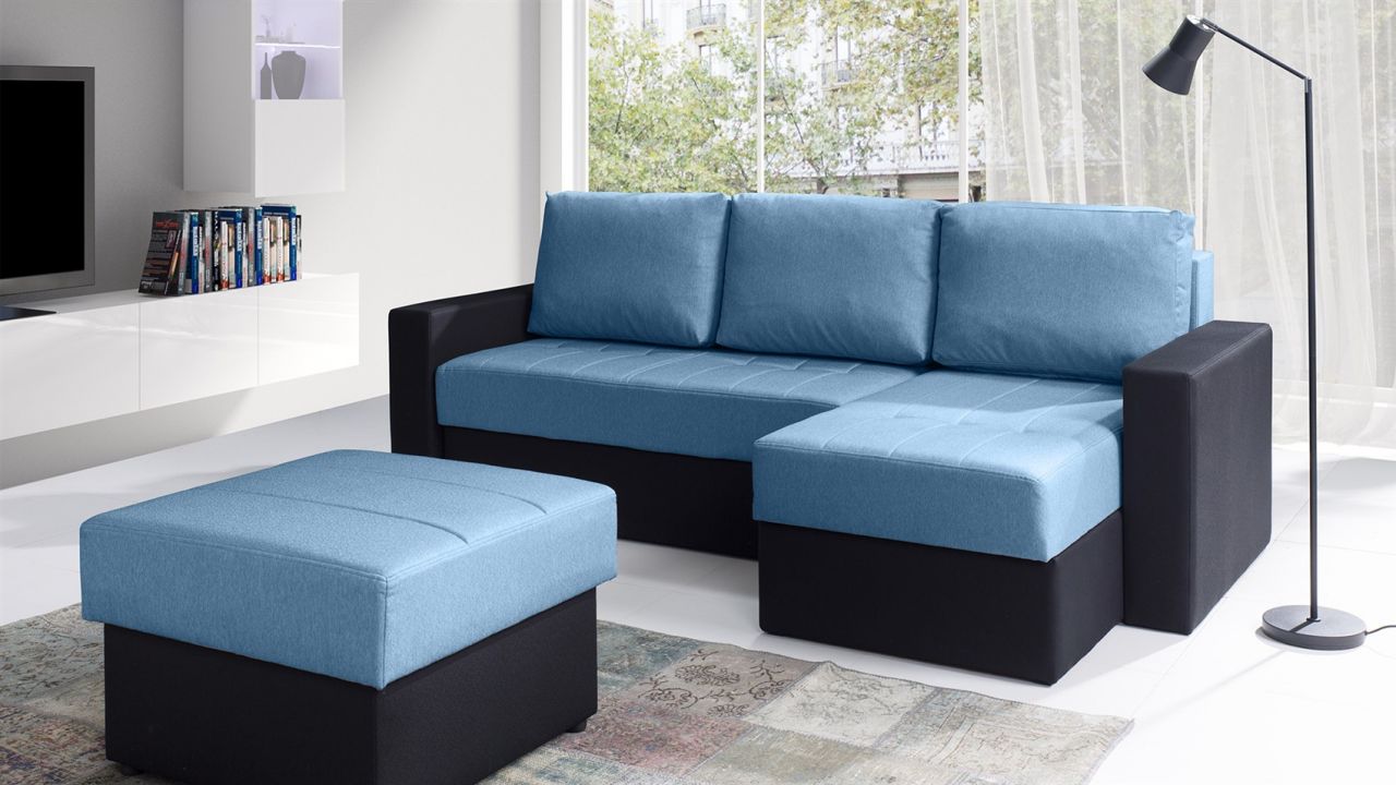 Ecksofa Schlafsofa LABRI inkl.Hocker Schwarz/ Hellblau Ottomane Rechts von Fun Moebel