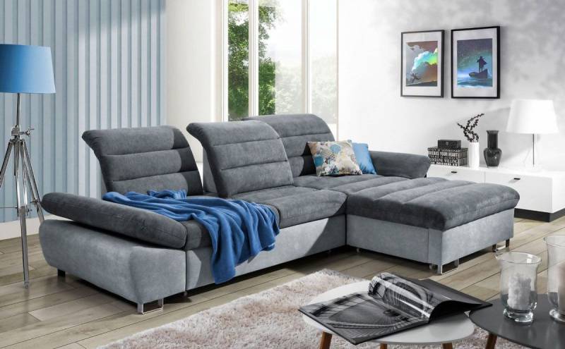 Ecksofa Schlafsofa MELLO Grau/ Dunkelgrau Ottomane Rechts von Fun Moebel