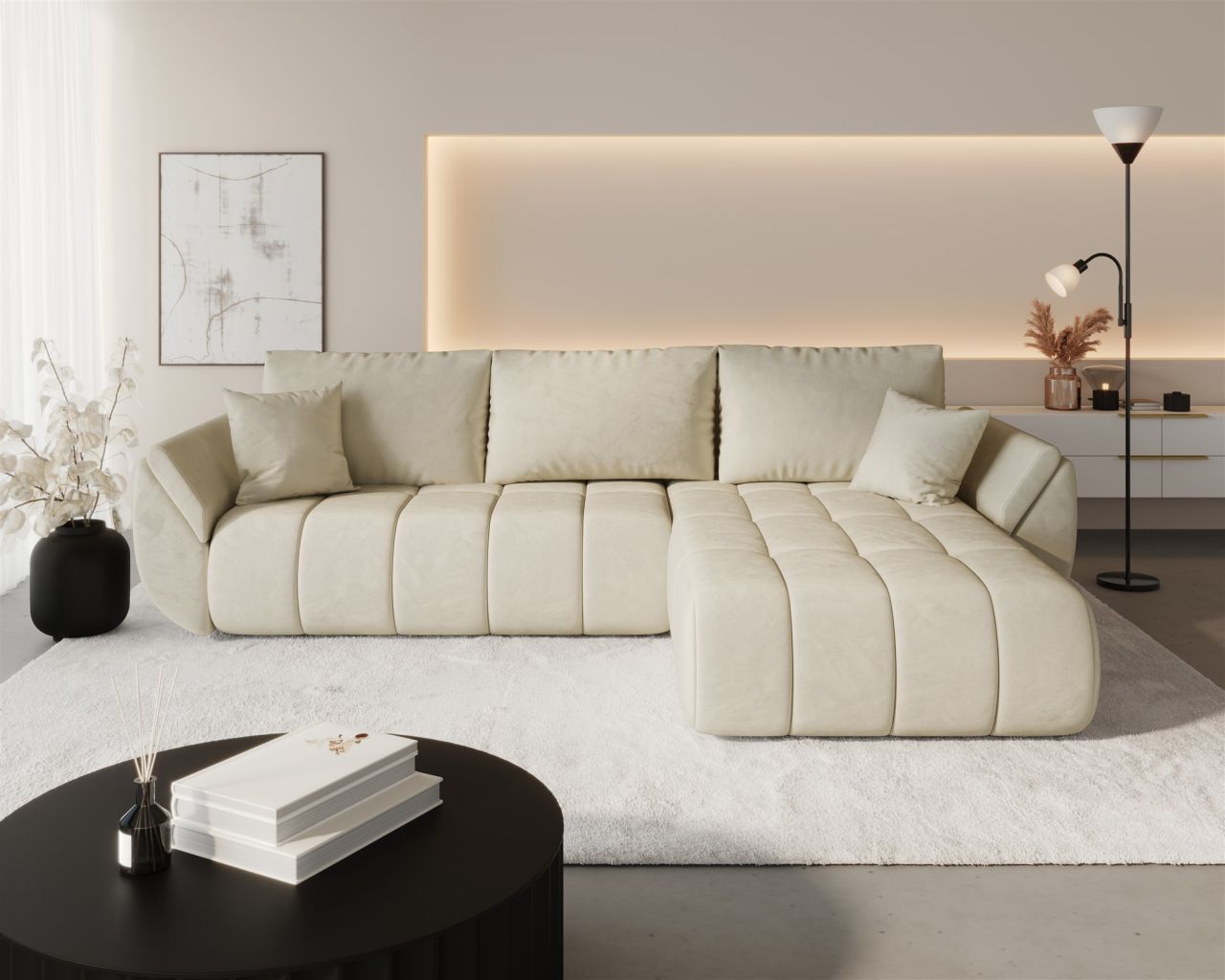 Ecksofa Schlafsofa MISATO Stoff Monolith Creme Ottomane Rechts Ecksofa Schlafsofa MISATO Stoff Monolith Creme Ottomane Rechts von Fun Möbel