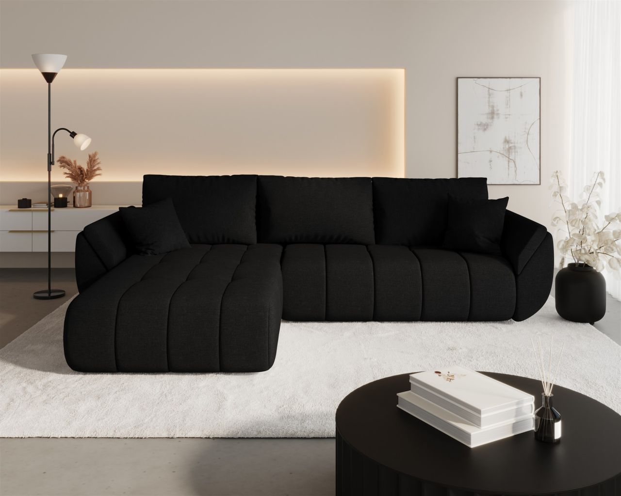 Ecksofa Schlafsofa MISATO Stoff Wind Schwarz Ottomane Links Ecksofa Schlafsofa MISATO Stoff Wind Schwarz Ottomane Links von Fun Möbel