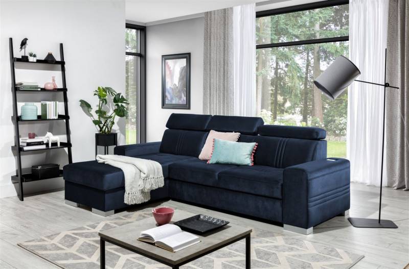 Ecksofa Schlafsofa NOLAN XS inkl USB in Stoff Monolith Dunkelblau Ottomane Links von Fun Moebel