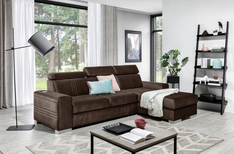 Ecksofa Schlafsofa NOLAN XS inkl. USB Stoff Element Dunkelbraun Ottomane Rechts von Fun Moebel