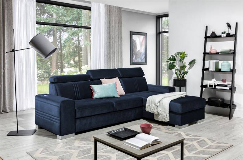 Ecksofa Schlafsofa NOLAN XS inkl. USB Stoff Monolith Dunkelblau Ottomane Rechts von Fun Moebel