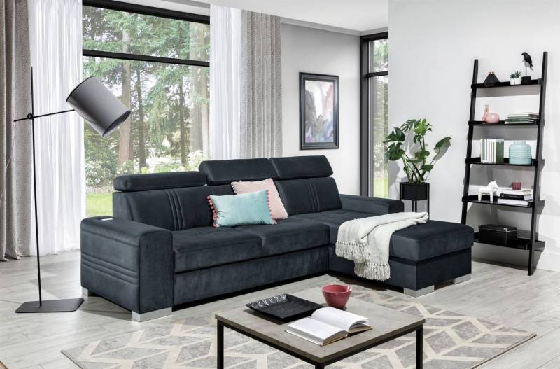 Ecksofa Schlafsofa NOLAN XS inkl. USB in Stoff Element Anthrazit Ottomane Rechts von Fun Moebel