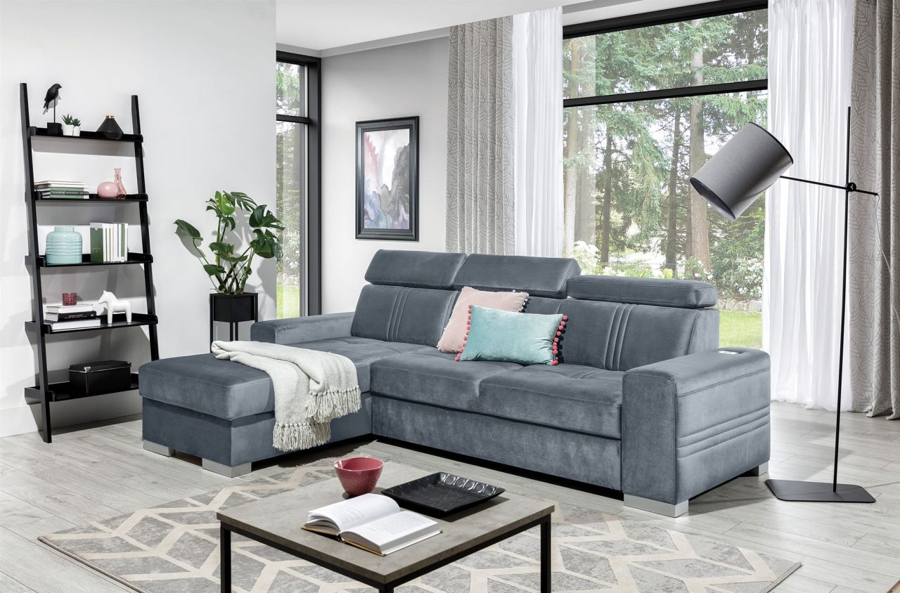 Ecksofa Schlafsofa NOLAN XS inkl. USB in Stoff Element Grau Ottomane Links von Fun Moebel