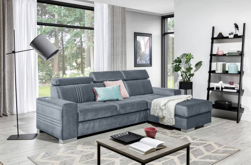 Ecksofa Schlafsofa NOLAN XS inkl. USB in Stoff Element Grau Ottomane Rechts von Fun Moebel