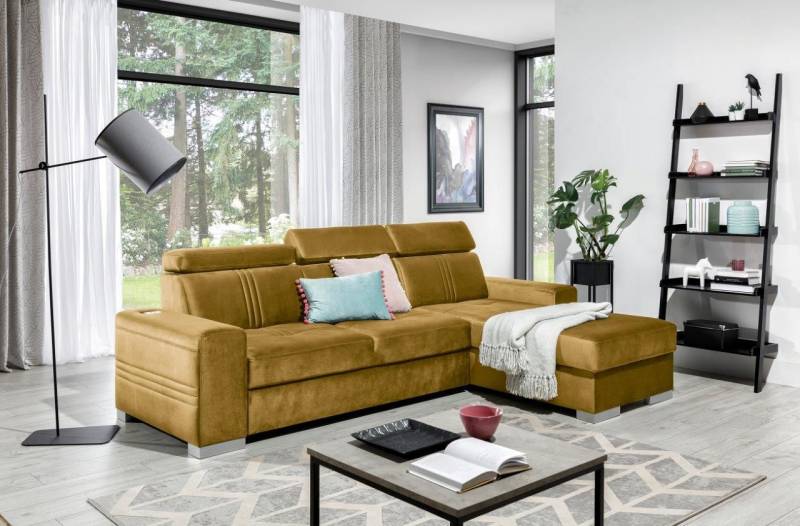 Ecksofa Schlafsofa NOLAN XS inkl. USB in Stoff Element Honiggelb Ottomane Rechts von Fun Moebel