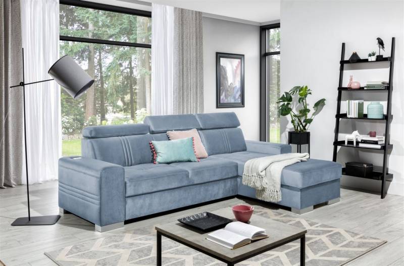 Ecksofa Schlafsofa NOLAN XS inkl. USB in Stoff Monolith Hellblau Ottomane Rechts von Fun Moebel
