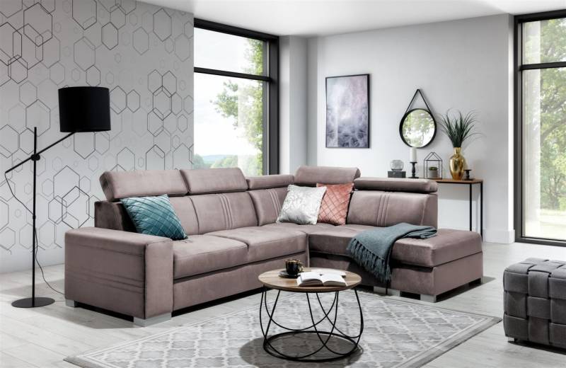 Ecksofa Schlafsofa NOLAN inkl. USB Stoff Monolith Pastellviolett Ottomane Rechts von Fun Moebel