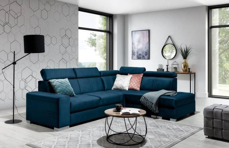 Ecksofa Schlafsofa NOLAN inkl. USB in Stoff Element Blau Ottomane Rechts von Fun Moebel