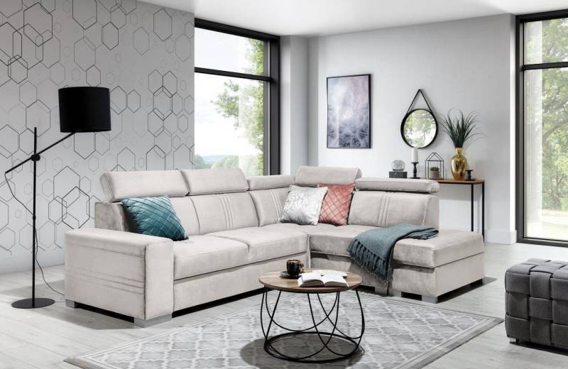 Ecksofa Schlafsofa NOLAN inkl. USB in Stoff Element Creme Ottomane Rechts von Fun Moebel