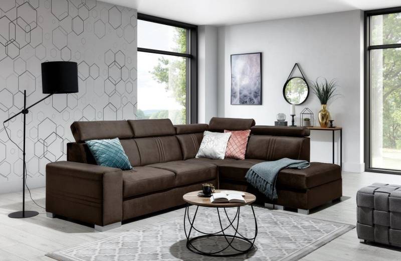 Ecksofa Schlafsofa NOLAN inkl. USB in Stoff Element Dunkelbraun Ottomane Rechts von Fun Moebel
