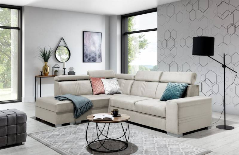 Ecksofa Schlafsofa NOLAN inkl. USB in Stoff Monolith Beige Ottomane Links von Fun Moebel