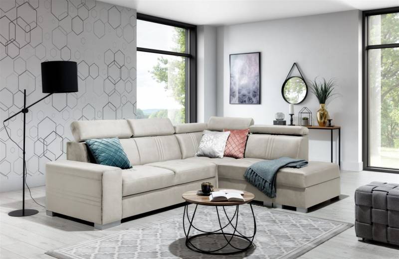 Ecksofa Schlafsofa NOLAN inkl. USB in Stoff Monolith Beige Ottomane Rechts von Fun Moebel