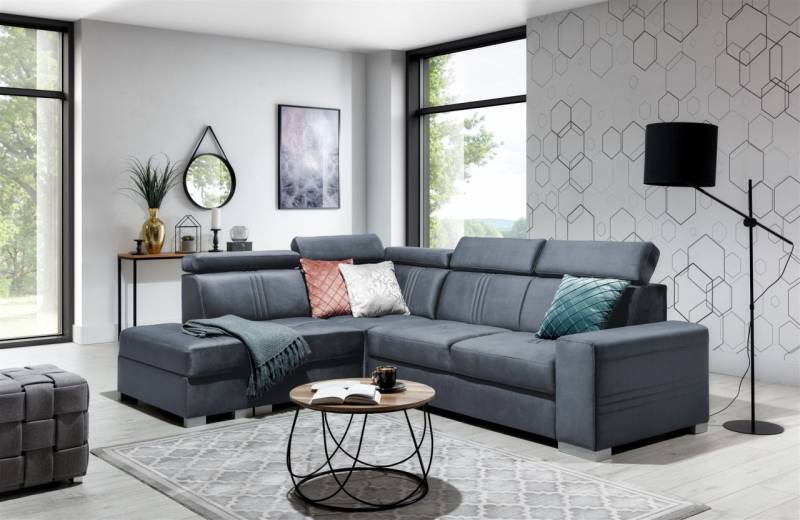 Ecksofa Schlafsofa NOLAN inkl. USB in Stoff Monolith Blaugrau Ottomane Links von Fun Moebel