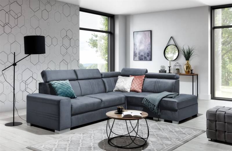 Ecksofa Schlafsofa NOLAN inkl. USB in Stoff Monolith Blaugrau Ottomane Rechts von Fun Moebel
