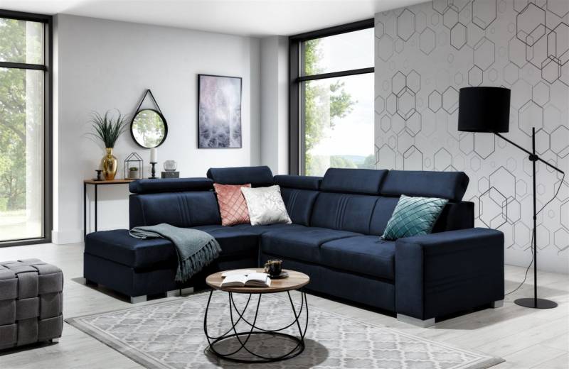 Ecksofa Schlafsofa NOLAN inkl. USB in Stoff Monolith Dunkelblau Ottomane Links von Fun Moebel