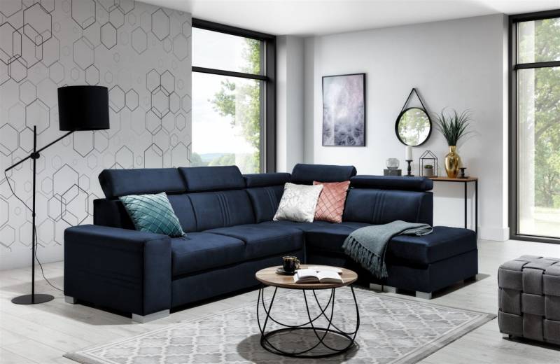 Ecksofa Schlafsofa NOLAN inkl. USB in Stoff Monolith Dunkelblau Ottomane Rechts von Fun Moebel
