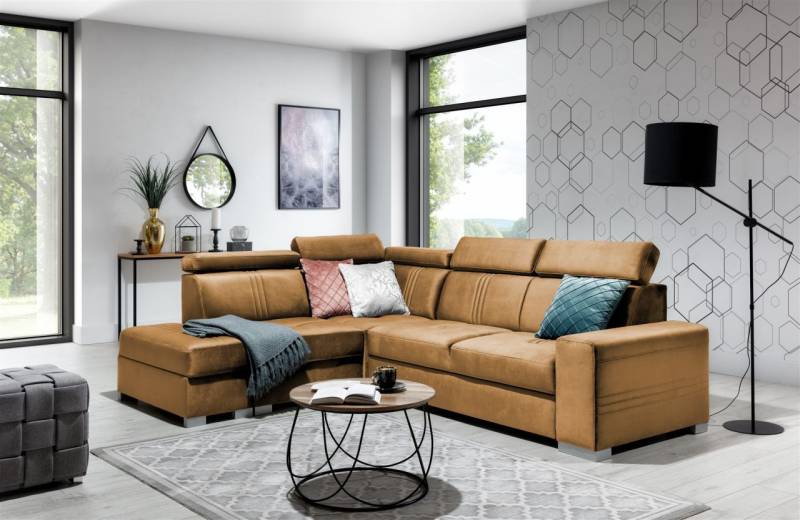 Ecksofa Schlafsofa NOLAN inkl. USB in Stoff Monolith Goldbraun Ottomane Links von Fun Moebel