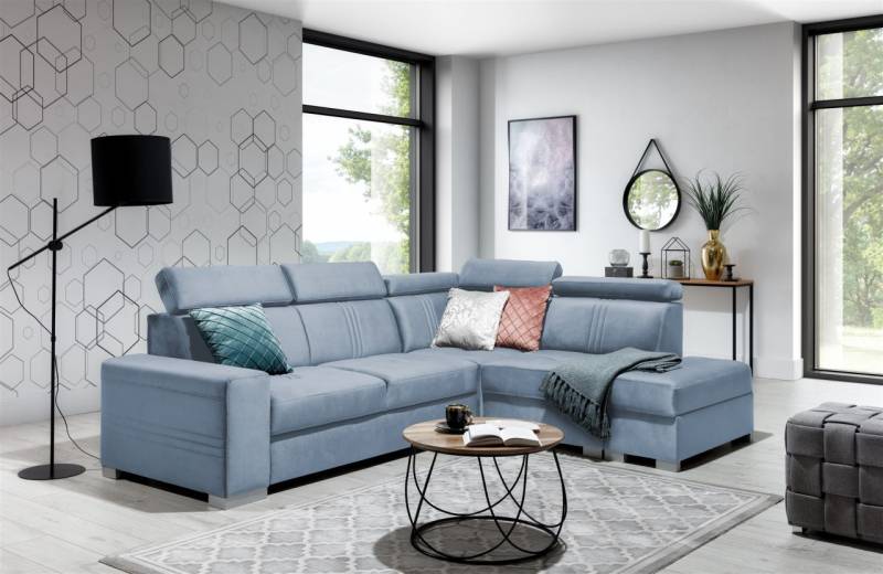 Ecksofa Schlafsofa NOLAN inkl. USB in Stoff Monolith Hellblau Ottomane Rechts von Fun Moebel