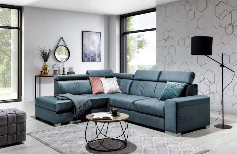 Ecksofa Schlafsofa NOLAN inkl. USB in Stoff Monolith Petrolblau Ottomane Links von Fun Moebel