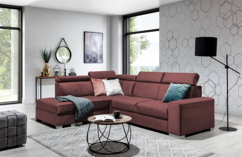 Ecksofa Schlafsofa NOLAN inkl. USB in Stoff Monolith Purpurrot Ottomane Links von Fun Moebel
