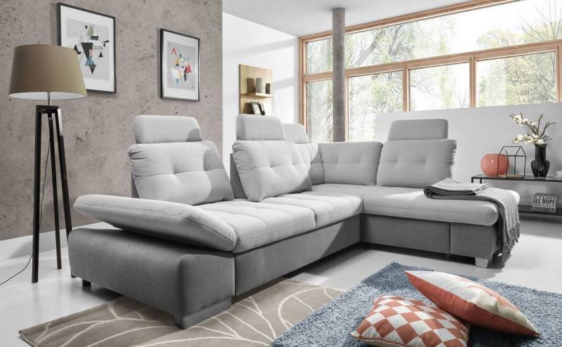 Ecksofa Schlafsofa REMON XL Grau/ Hellgrau Ottomane Rechts von Fun Moebel