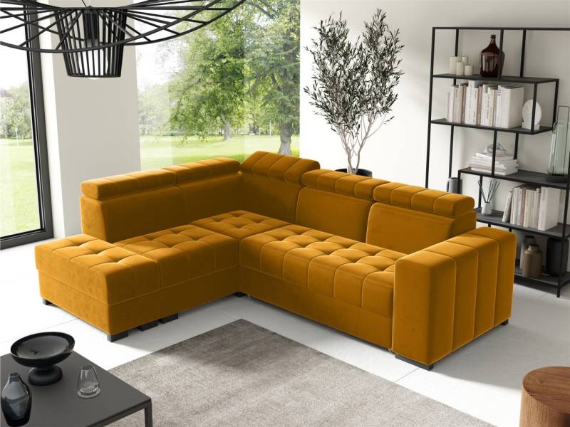 Ecksofa Schlafsofa Sofa CESENA Stoff Salvador Honiggelb Ottomane Links von Fun Möbel