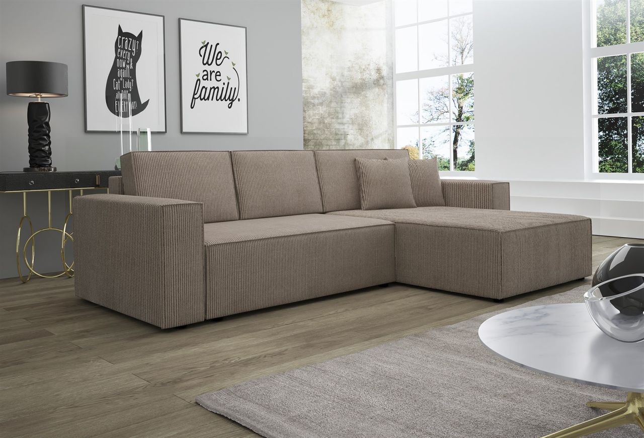 Ecksofa Schlafsofa Sofa CONOR Stoff Dunkelbeige Ottomane Rechts von Fun Moebel