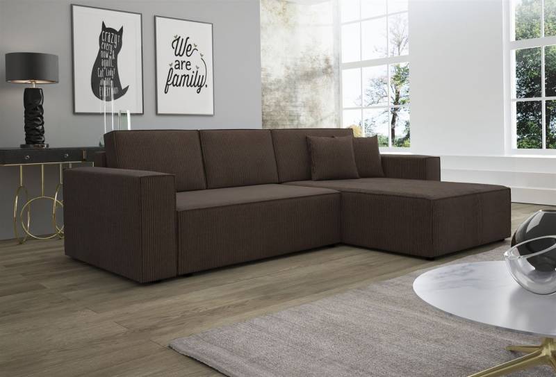 Ecksofa Schlafsofa Sofa CONOR Stoff Dunkelbraun Ottomane Rechts von Fun Moebel