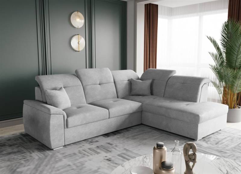 Ecksofa Schlafsofa Sofa FREJA Stoff Brooklyn Hellgrau Ottomane Rechts von Fun Moebel