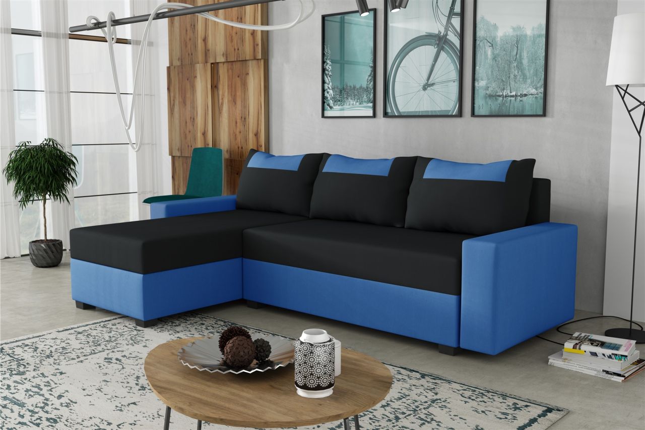 Ecksofa Schlafsofa Sofa HEDVIG LUX Manila Blau- Schwarz Ottomane Links von Fun Möbel