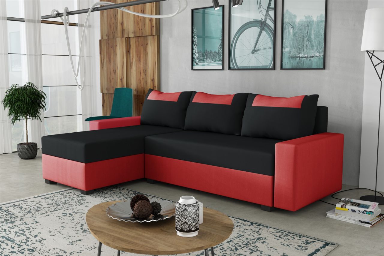 Ecksofa Schlafsofa Sofa HEDVIG LUX Manila Rot- Schwarz Ottomane Links von Fun Möbel