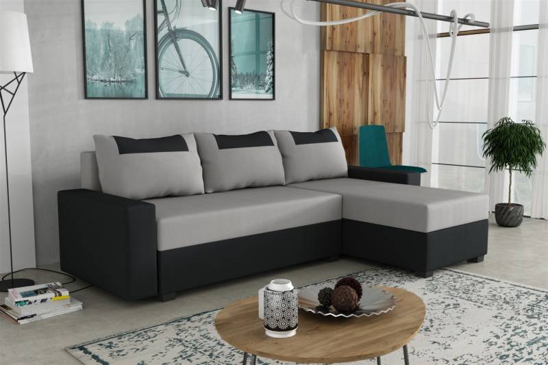 Ecksofa Schlafsofa Sofa HEDVIG LUX Manila Schwarz- Hellgrau Ottomane Rechts von Fun Möbel