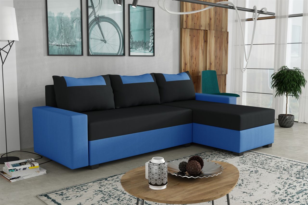 Ecksofa Schlafsofa Sofa HEDVIG Manila Blau- Schwarz Ottomane Rechts von Fun Möbel