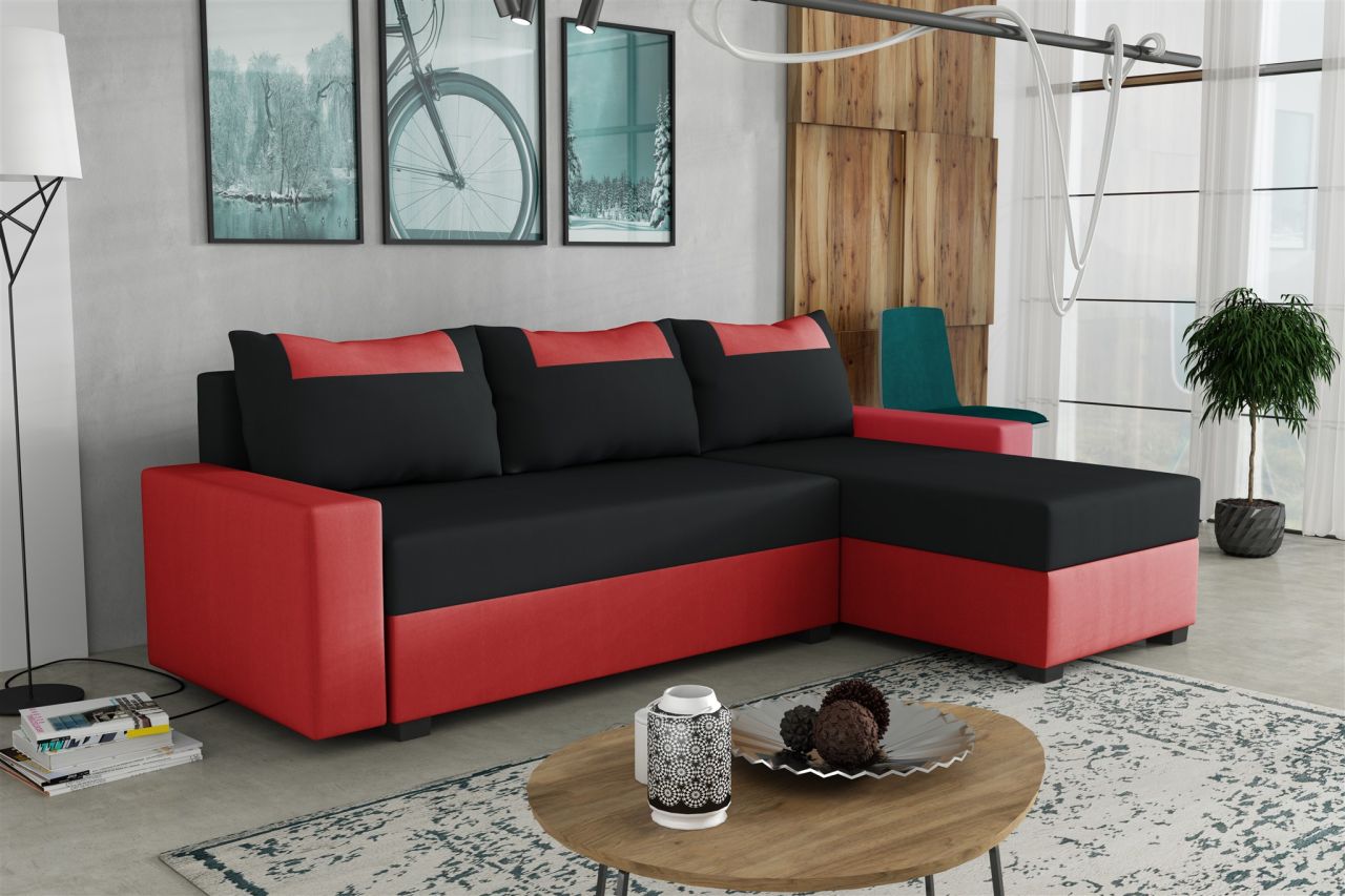 Ecksofa Schlafsofa Sofa HEDVIG Manila Rot- Schwarz Ottomane Rechts von Fun Möbel