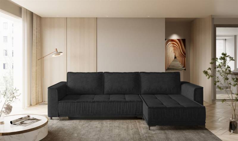Ecksofa Schlafsofa Sofa JUNA Stoff Terra Schwarz Ottomane Rechts von Fun Möbel