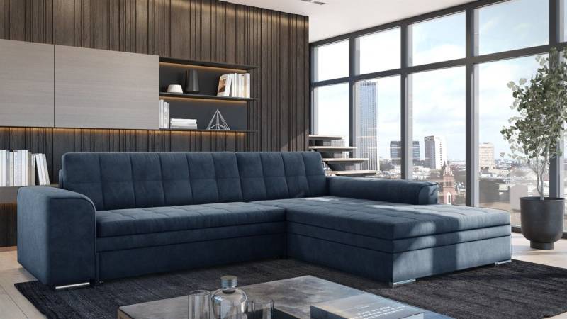 Ecksofa Schlafsofa Sofa LUSAKA in Stoff Fresh Dunkelblau Ottomane Rechts von Fun Möbel