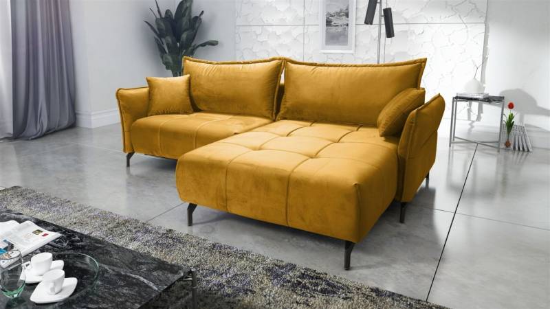 Ecksofa Schlafsofa Sofa VICTORIA Stoff Element Honiggelb Ottomane Rechts von Fun Möbel