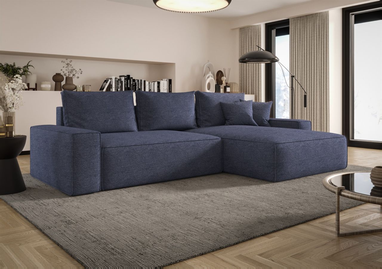 Ecksofa Schlafsofa Sofa WALKEN Stoff Aragon Blau Ottomane Rechts von Fun Möbel